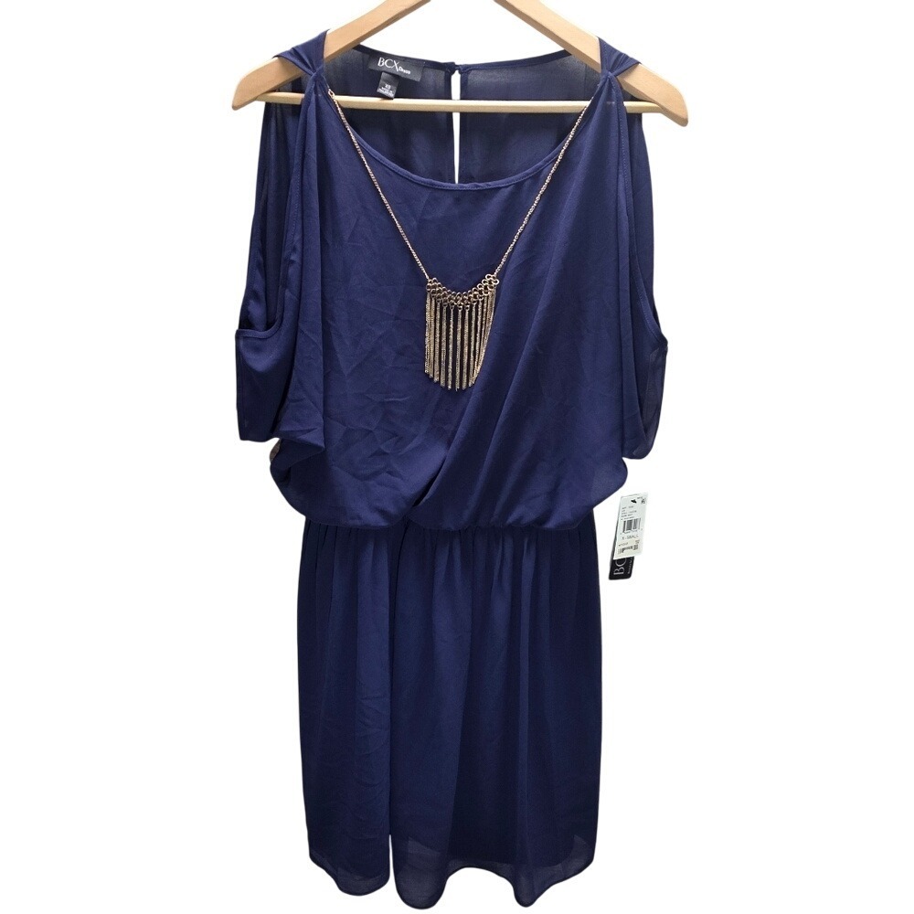 BCX Drape Front Necklace Detail Dress Women's Size XS Navy Cold Shoulder